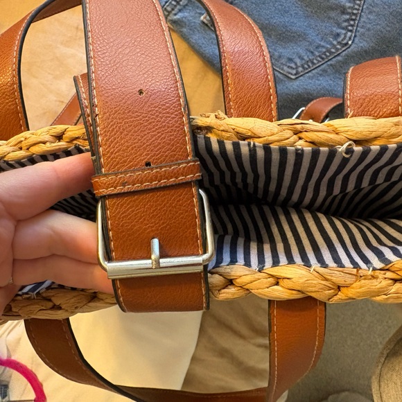 Hand Woven Straw Backpack Tote Bag Striped Liner Faux Leather Straps - Picture 7 of 10